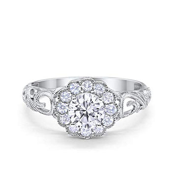 Halo Art Deco Wedding Ring Round Simulated Cubic Zirconia 925 Sterling Silver